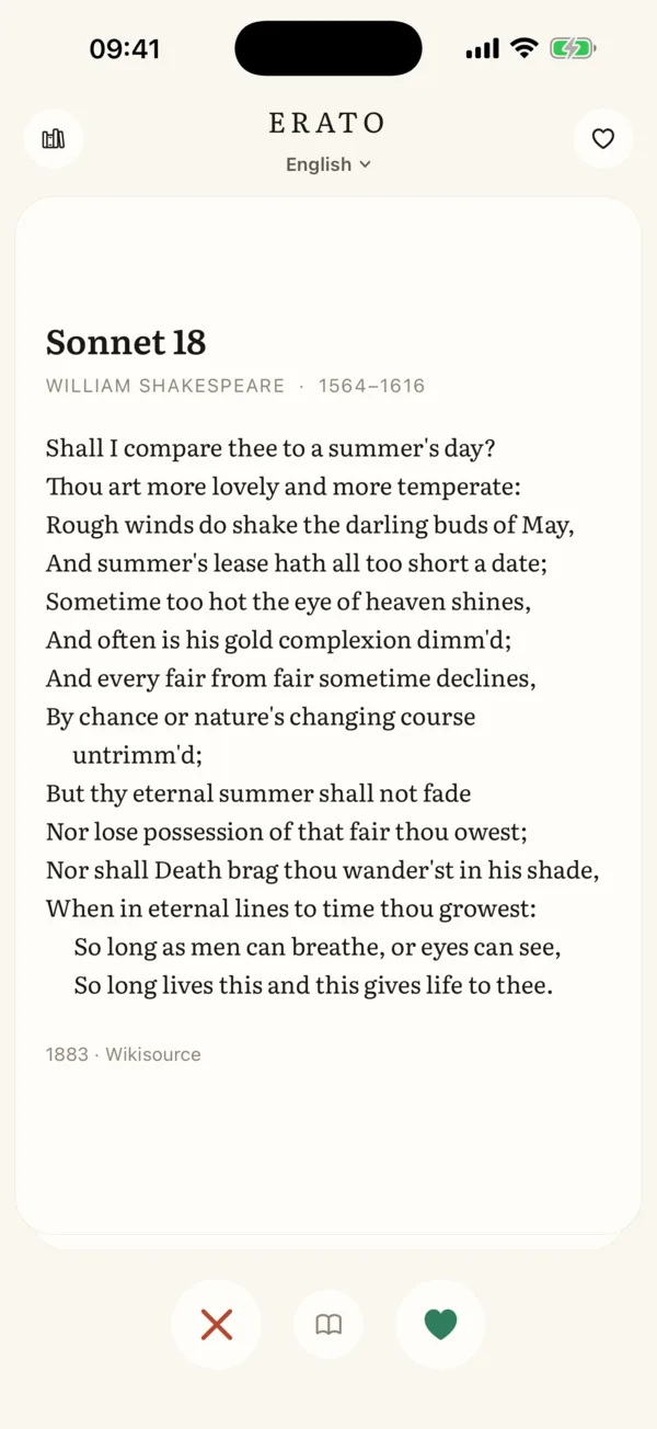 Poem card in the feed: Shakespeare, Sonnet 18